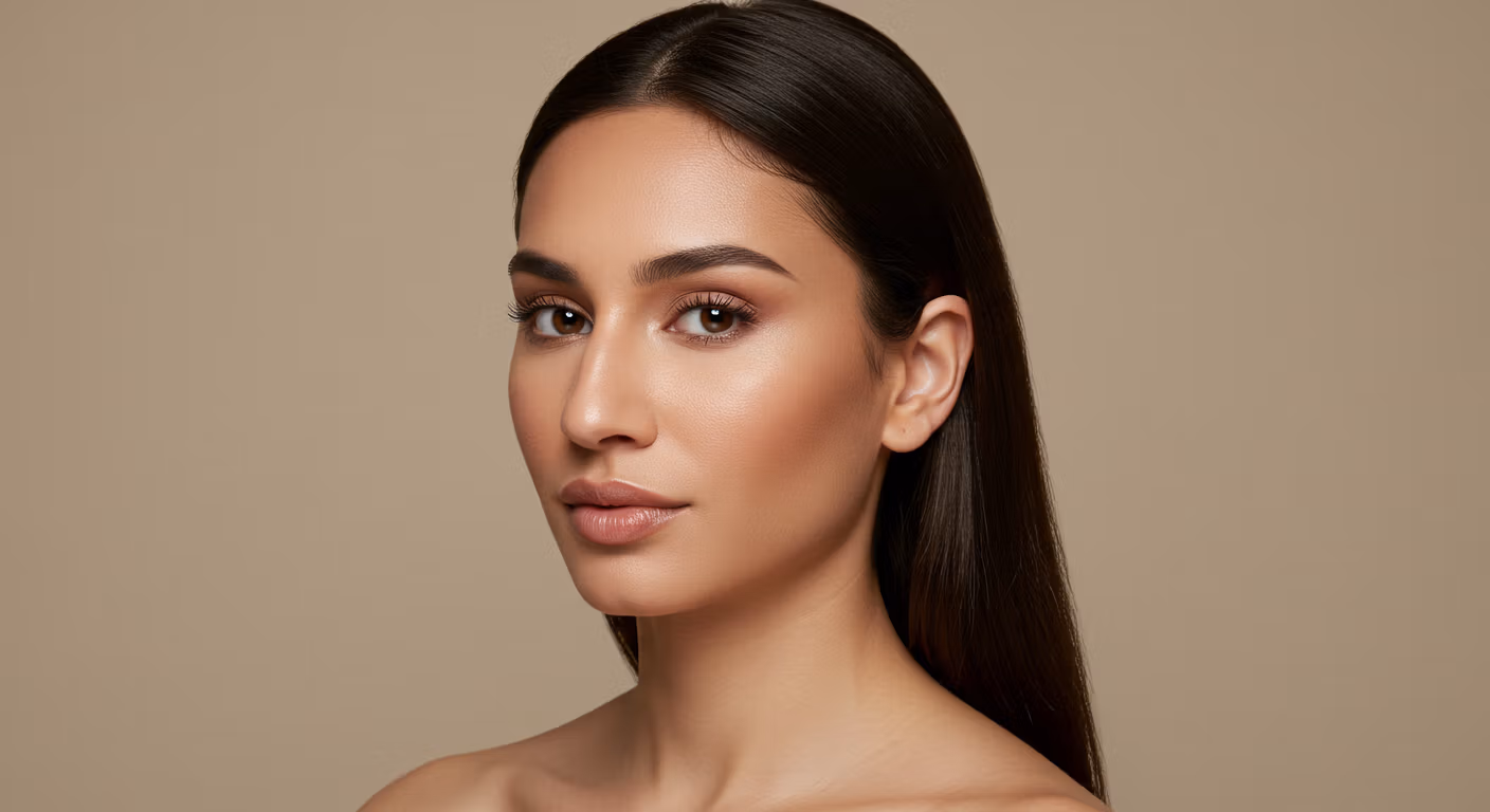 Retrato de una mujer con cabello oscuro y liso recogido hacia atrás, posando sobre un fondo neutro.