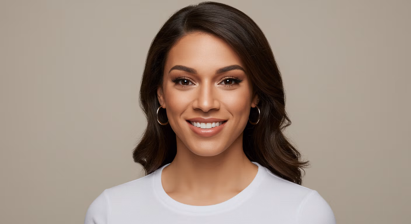 Una mujer sonriente de cabello oscuro que lleva una blusa blanca.