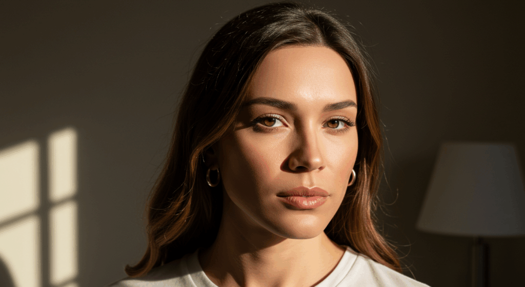 A woman with brown hair and gold earrings poses for a portrait in a room with natural light streaming in from a window.