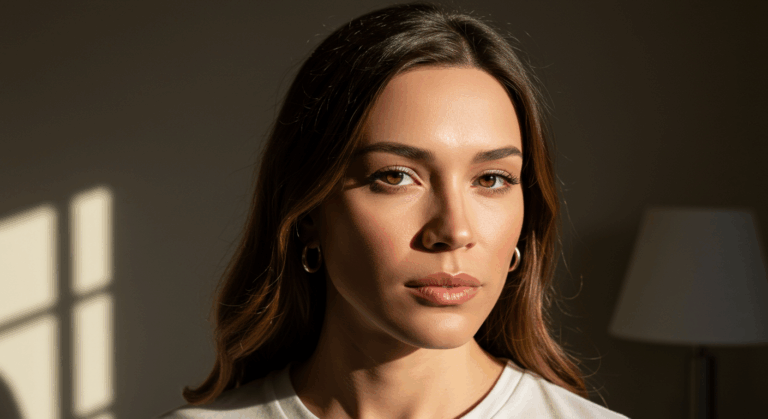A woman with brown hair and gold earrings poses for a portrait in a room with natural light streaming in from a window.