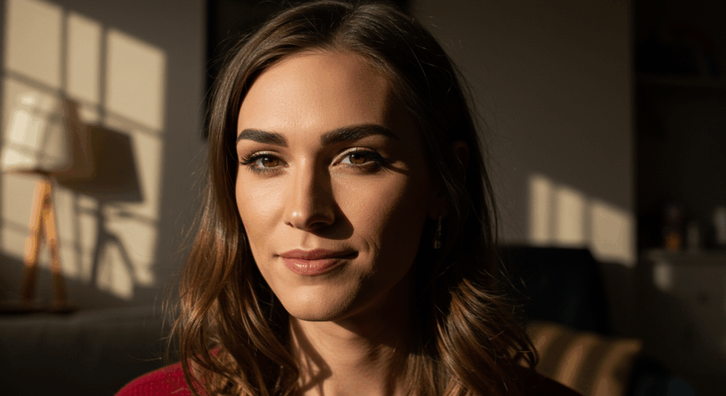 A woman with long brown hair is looking directly at the camera with a slight smile on her face. She is wearing a red top and the background is dark with some light coming from the side, creating a contrast on her face.