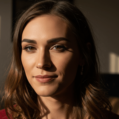 A woman with long brown hair is looking directly at the camera with a slight smile on her face. She is wearing a red top and the background is dark with some light coming from the side, creating a contrast on her face.