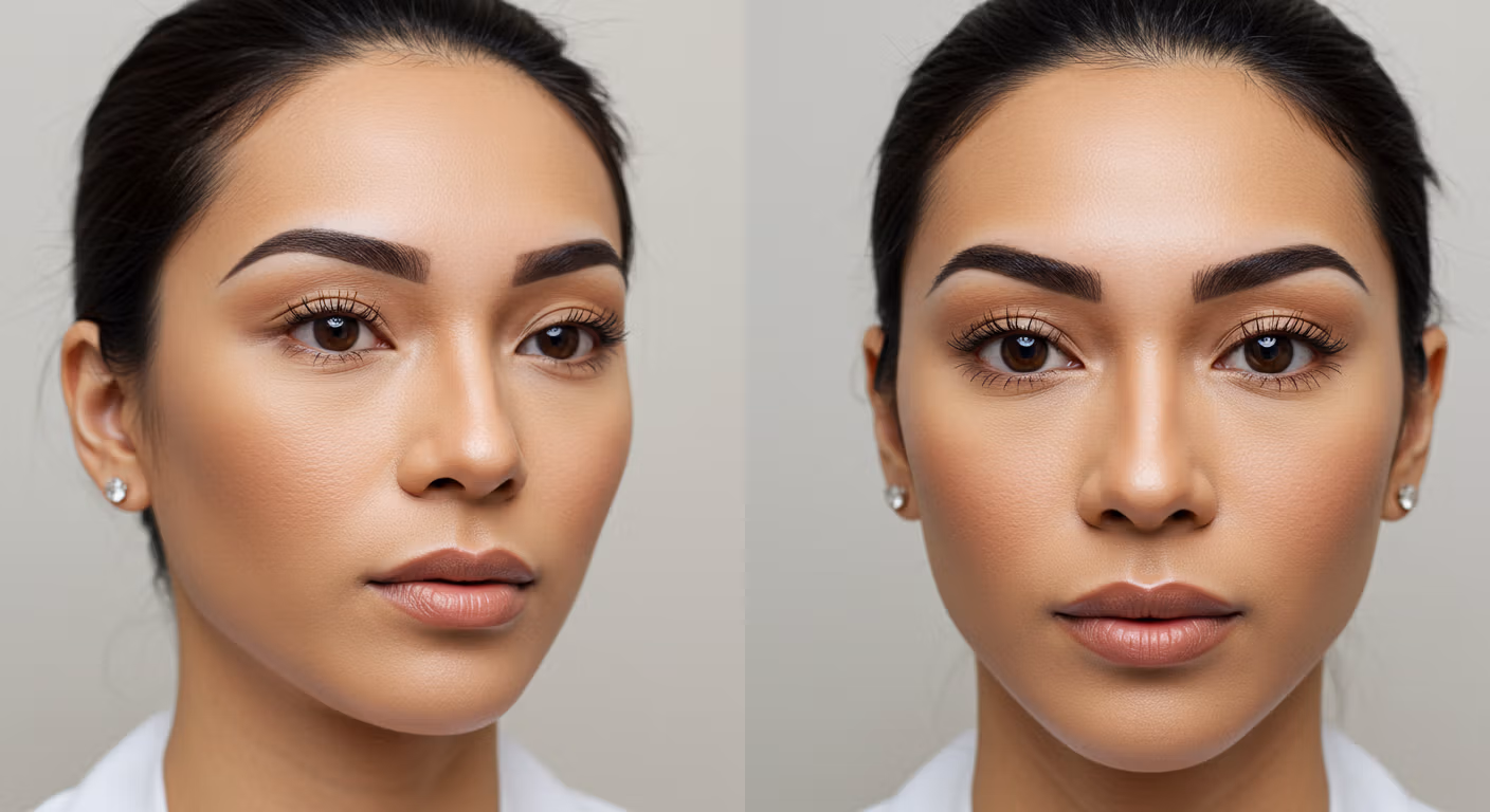 Ein Vorher-Nachher-Vergleichsbild zeigt eine Person mit deutlichen Veränderungen der Gesichtszüge, vermutlich aufgrund eines medizinischen Eingriffs. Das Bild hebt die Unterschiede an Nase, Lippen und der gesamten Gesichtsstruktur hervor.
