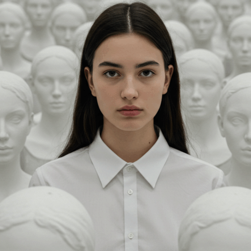 A young woman with long dark hair stands in the foreground, wearing a white collared shirt. Behind her is a crowd of identical white statues of women with long hair.