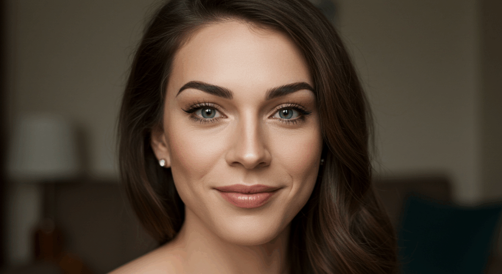 A close-up portrait of a woman with shoulder-length brown hair, wearing earrings, and smiling softly. She has green eyes and is photographed indoors with a neutral background.