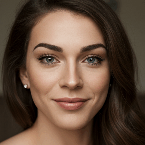 A close-up portrait of a woman with shoulder-length brown hair, wearing earrings, and smiling softly. She has green eyes and is photographed indoors with a neutral background.