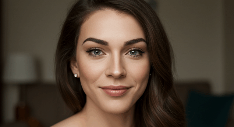 A close-up portrait of a woman with shoulder-length brown hair, wearing earrings, and smiling softly. She has green eyes and is photographed indoors with a neutral background.