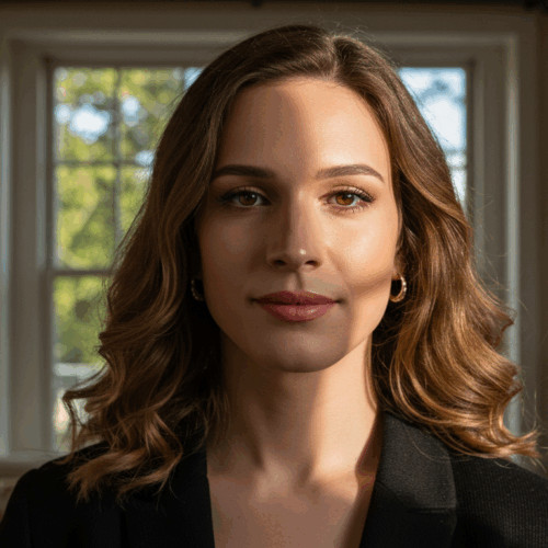 A woman with long, wavy hair is sitting indoors near a window. She is wearing a dark blazer and looking directly at the camera with a neutral expression.