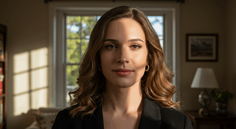 A woman with long, wavy hair is sitting indoors near a window. She is wearing a dark blazer and looking directly at the camera with a neutral expression.