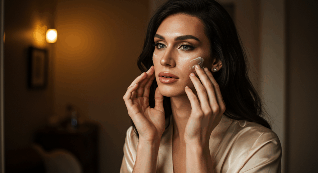 Koyu saçlı bir kadın, aynaya bakarken yüzüne krem sürüyor. Üzerinde bej bir sabahlık var ve yüzünde odaklanmış bir ifade var.