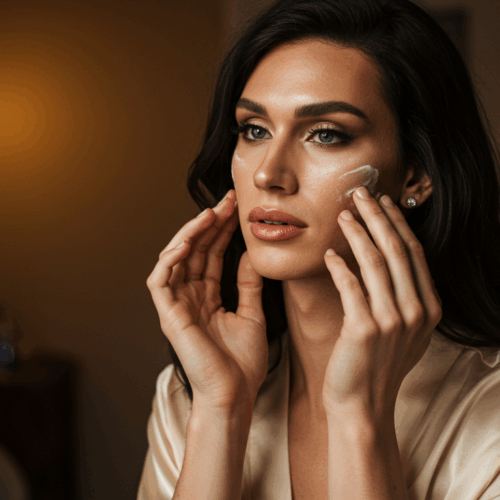 A woman with dark hair is applying cream to her face while looking in the mirror. She is wearing a beige robe and has a focused expression on her face.