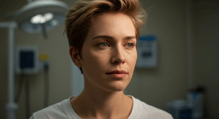 A young woman with short blonde hair is looking directly at the camera with a serious expression. She is wearing a white top and is in a hospital room with medical equipment visible in the background.