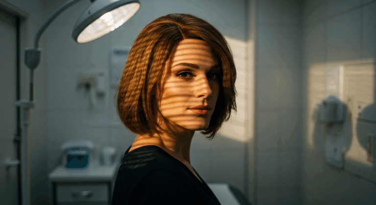A woman with short red hair stands in a medical facility, looking serious under the light of a surgical lamp.