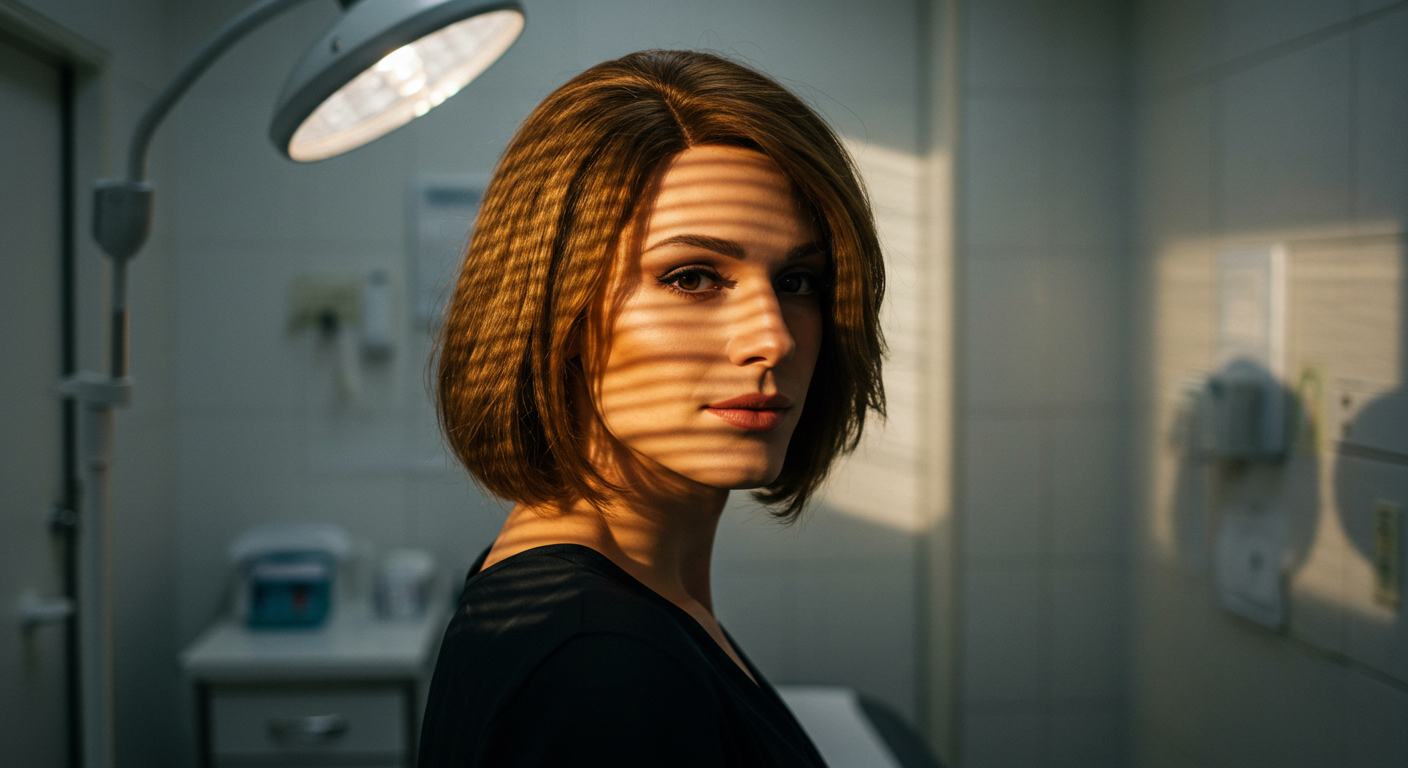 A woman with short red hair stands in a medical facility, looking serious under the light of a surgical lamp.