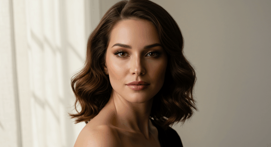 Kıvırcık saçlı bir kadının doğrudan kameraya baktığı portre.