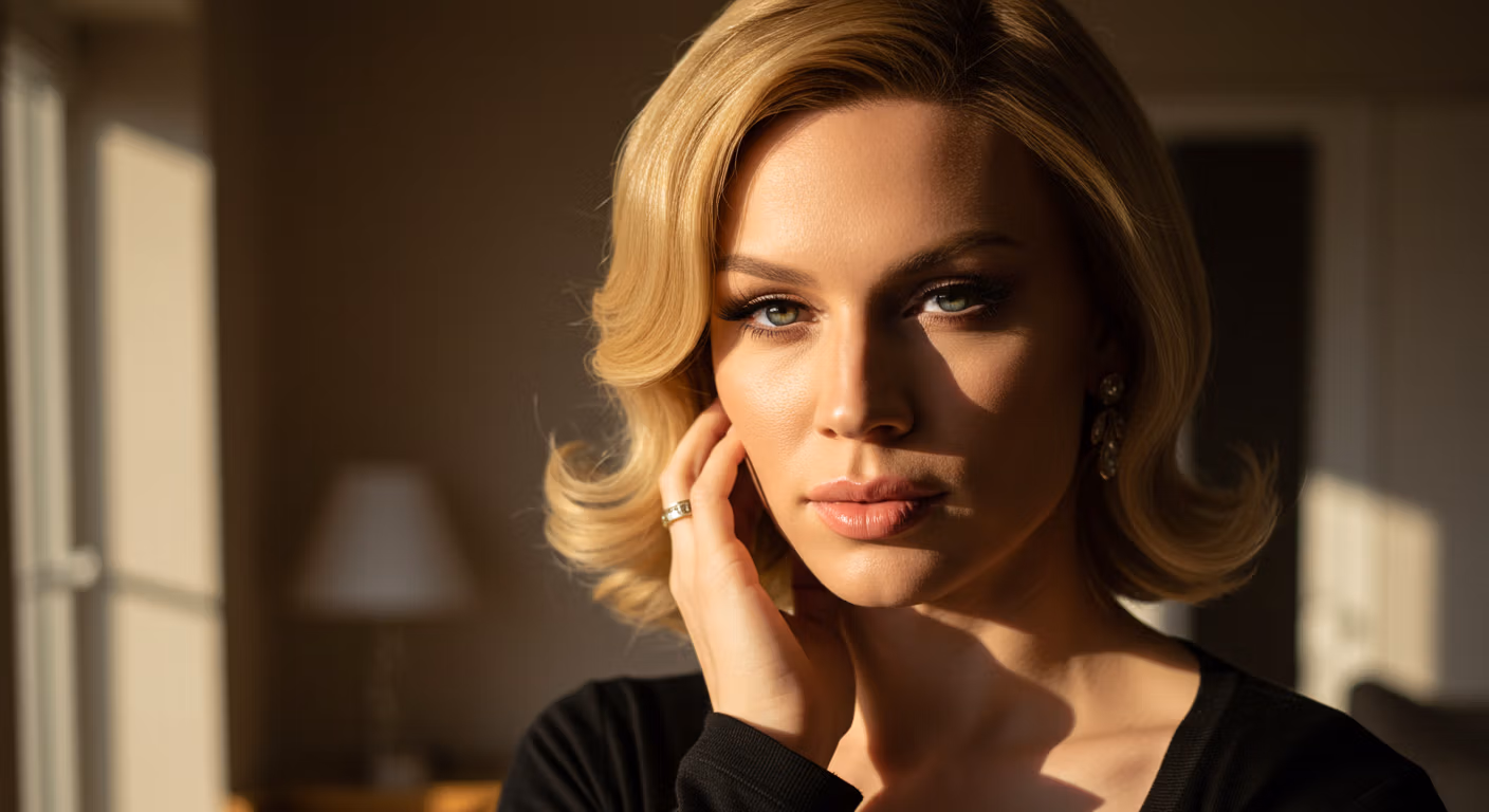 Une femme blonde aux cheveux courts pose à l'intérieur, le menton appuyé sur sa main droite. Elle porte un haut noir et des bijoux en or, notamment des boucles d'oreilles et une bague. La lumière, chaude et naturelle, pénètre par une fenêtre voisine et crée un doux halo sur son visage.