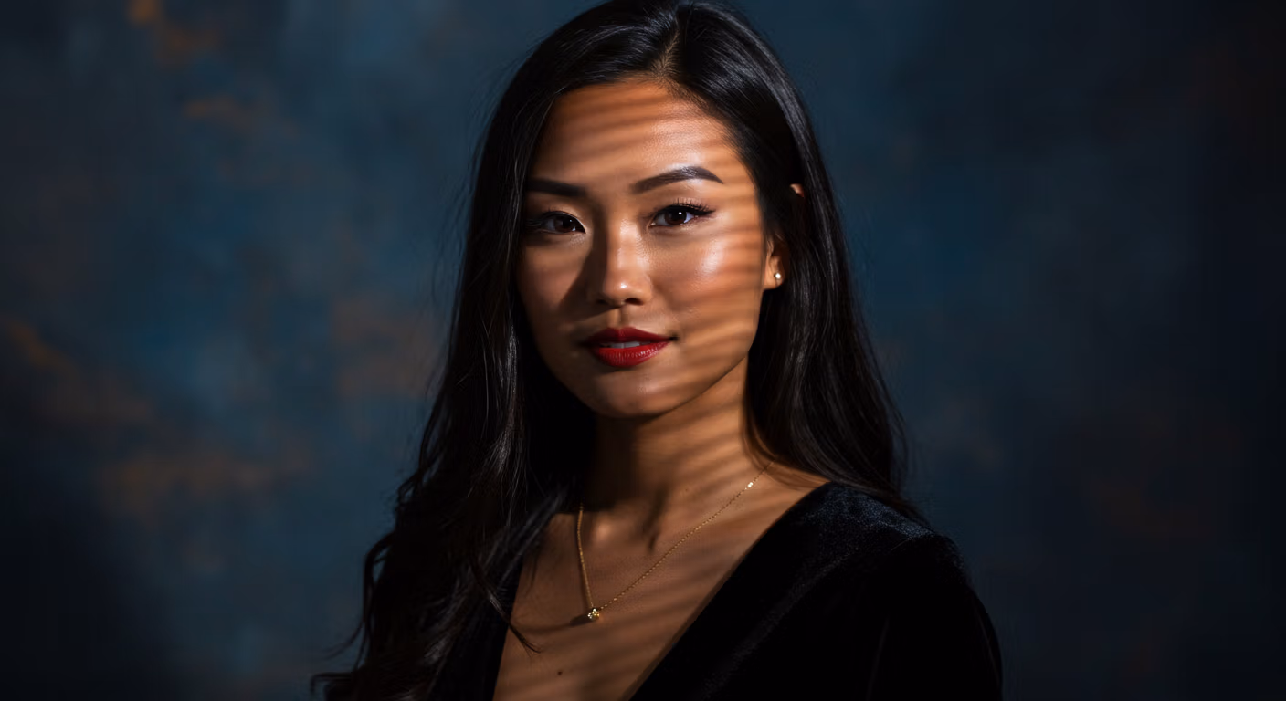 Portrait d'une femme aux longs cheveux noirs, vêtue d'un haut noir et de rouge à lèvres rouge, se détachant sur un fond sombre.
