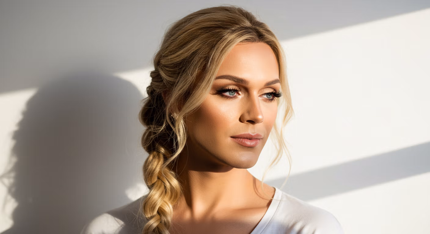 Une femme blonde, coiffée de tresses et maquillée, pose sur un fond blanc ombré.