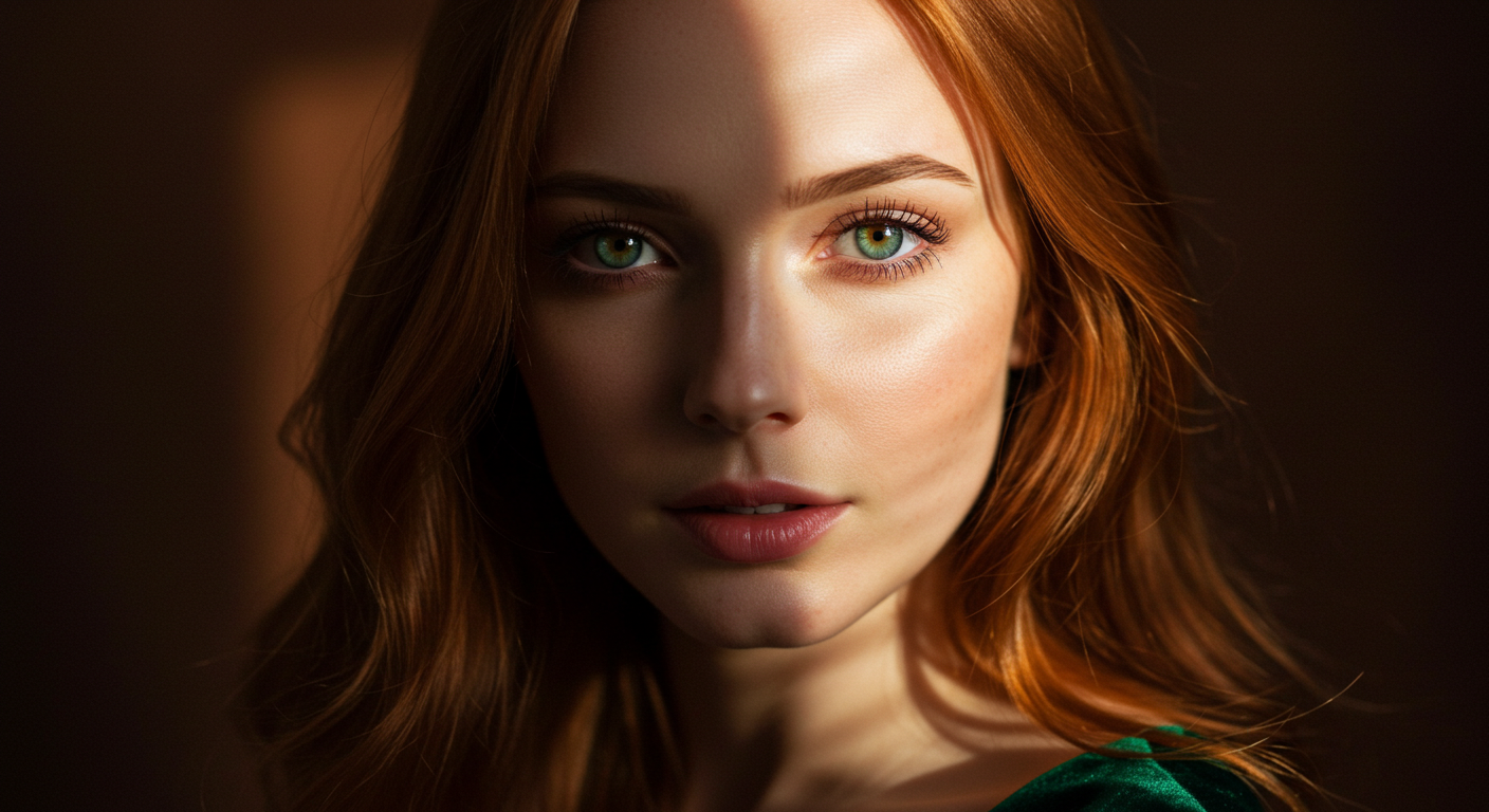 A close-up portrait of a woman with striking green eyes and red hair, wearing a green top. The lighting highlights her facial features, creating a dramatic effect.