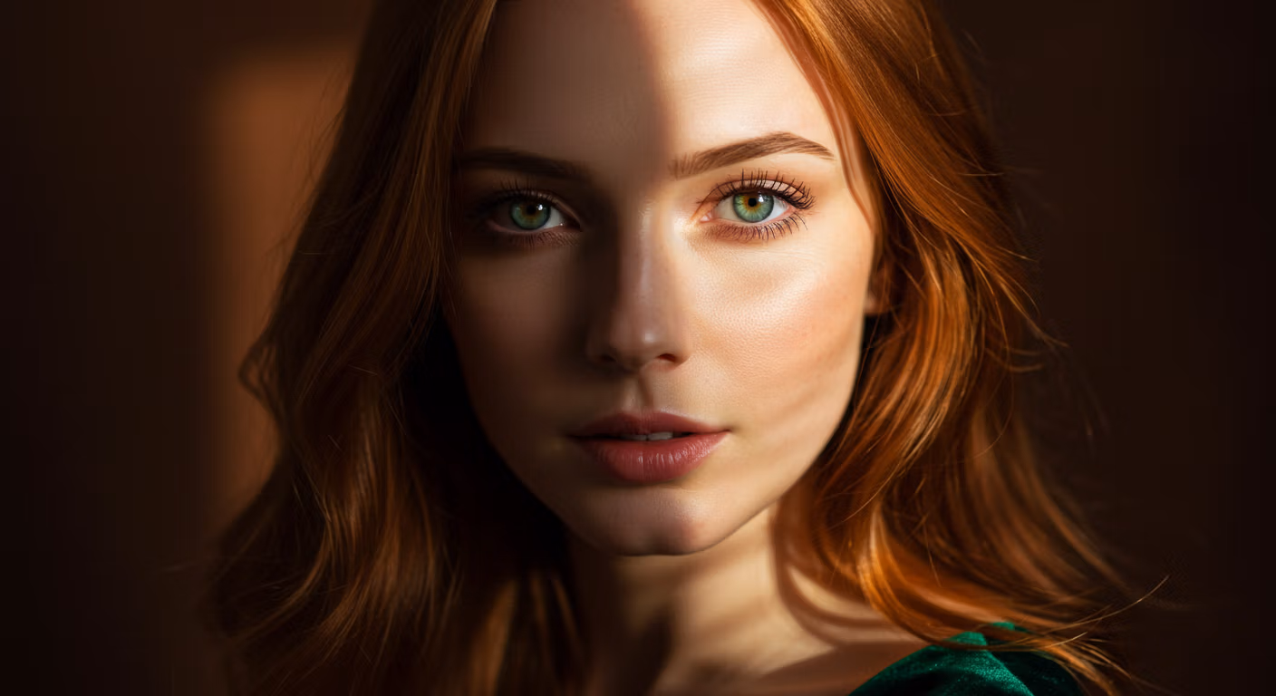 Portrait en gros plan d'une femme aux yeux verts saisissants et aux cheveux roux, vêtue d'un haut vert. L'éclairage met en valeur les traits de son visage, créant un effet saisissant.