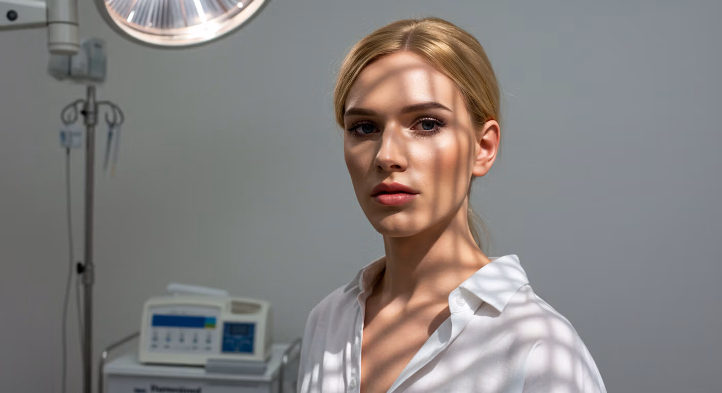 Une femme blonde en blouse blanche se tient dans un environnement médical, avec du matériel médical visible en arrière-plan.