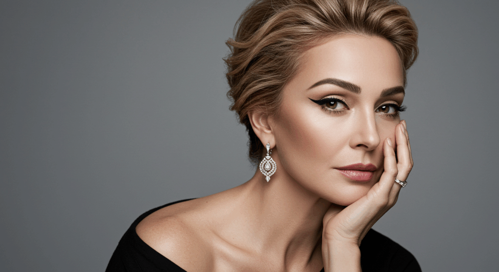 Женщина со светлыми волосами, уложенными в высокую прическу, в элегантных серьгах и черном платье с открытыми плечами уверенно позирует на сером фоне.