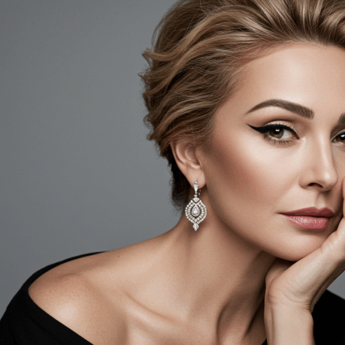 Une femme aux cheveux blonds coiffés en chignon, portant d'élégantes boucles d'oreilles et une robe noire à épaules dénudées, pose avec assurance sur un fond gris.
