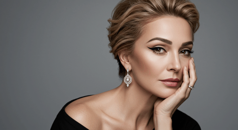 A woman with blonde hair styled in an updo, wearing elegant earrings and a black off-the-shoulder dress, poses confidently against a gray background.
