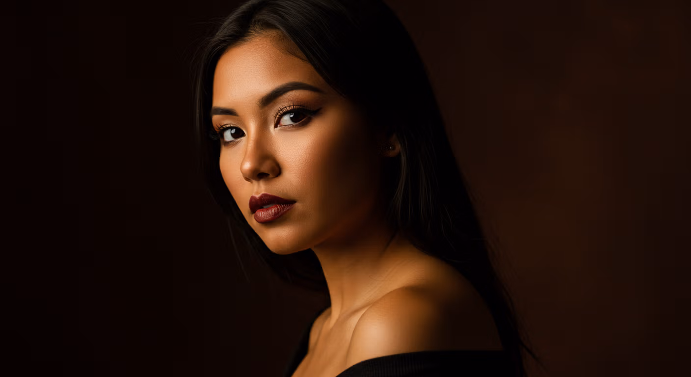 Une femme aux longs cheveux noirs et raides pose sur un fond sombre. Elle porte un rouge à lèvres foncé et un haut noir à épaules dénudées. L'éclairage met en valeur ses traits, créant un effet saisissant.