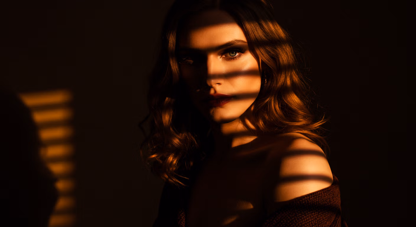 Une femme aux cheveux bouclés et aux yeux verts saisissants, partiellement dissimulée par les ombres et la lumière, créant une atmosphère mystérieuse et artistique.
