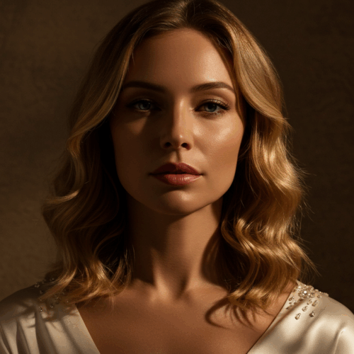 Retrato de una mujer con cabello rubio y ondulado, vestida con un top blanco con detalles adornados en los hombros, sobre un fondo oscuro.