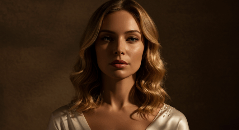 Portrait d'une femme aux cheveux blonds ondulés, portant un haut blanc avec des détails d'épaule ornés, sur un fond sombre.