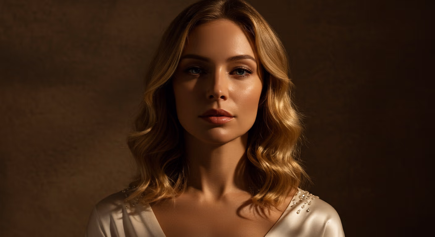 Portrait d'une femme aux cheveux blonds ondulés, portant un haut blanc avec des détails d'épaule ornés, sur un fond sombre.