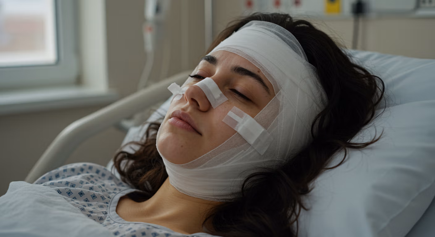 Une femme, les yeux fermés, est allongée sur un lit d'hôpital, le visage et la tête recouverts de bandages.