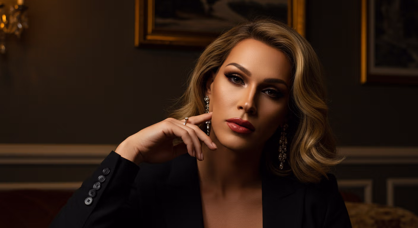 Une femme blonde vêtue d'un blazer noir pose avec assurance, la main sur le menton, sur un fond sombre orné de photos encadrées et d'une horloge.