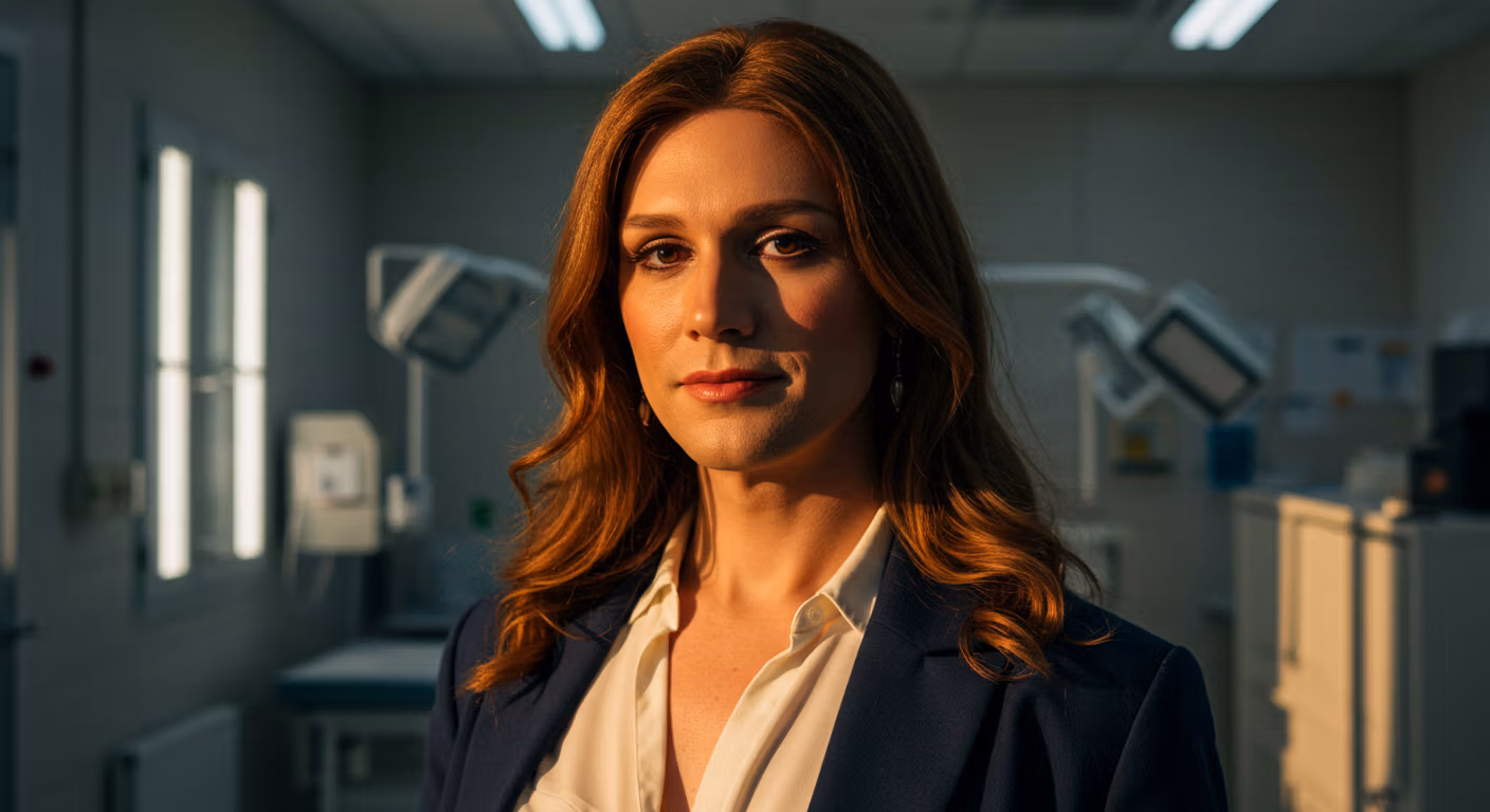 Une femme, cadre aux longs cheveux roux, se tient dans un laboratoire. Vêtue d'un chemisier blanc et d'un blazer foncé, elle regarde droit dans l'objectif avec un air sérieux.