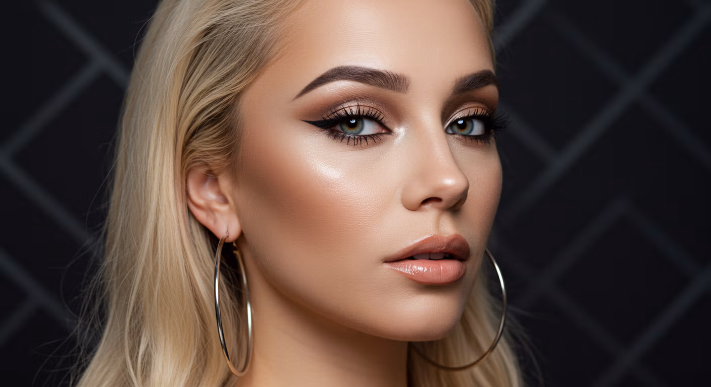 Portrait en gros plan d'une femme blonde aux yeux verts perçants, portant de grandes créoles et un maquillage élégant, sur fond sombre.