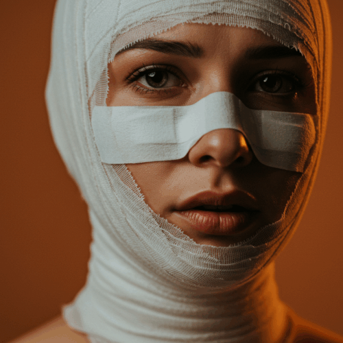 Una persona con la cara y la cabeza envueltas en vendas, dejando visibles sólo la boca y la mandíbula inferior.