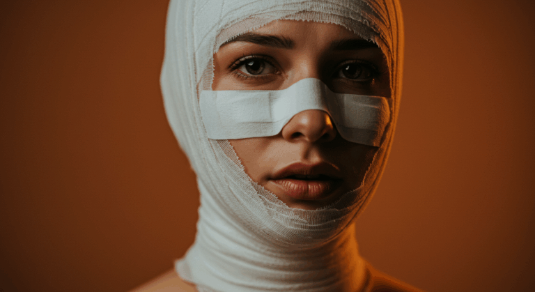Une personne dont le visage et la tête sont enveloppés de bandages, ne laissant visibles que la bouche et la mâchoire inférieure.