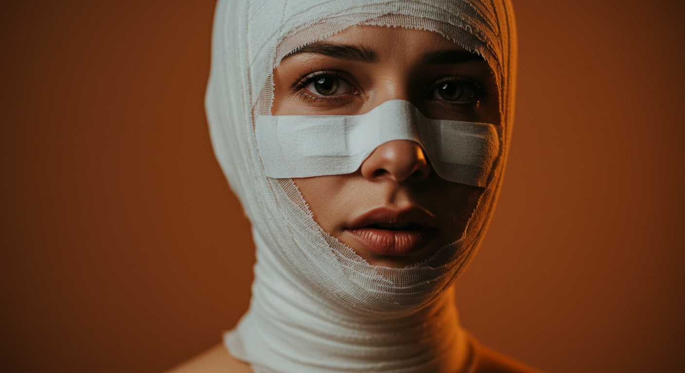 A person with their face and head wrapped in bandages, leaving only the mouth and lower jaw visible.