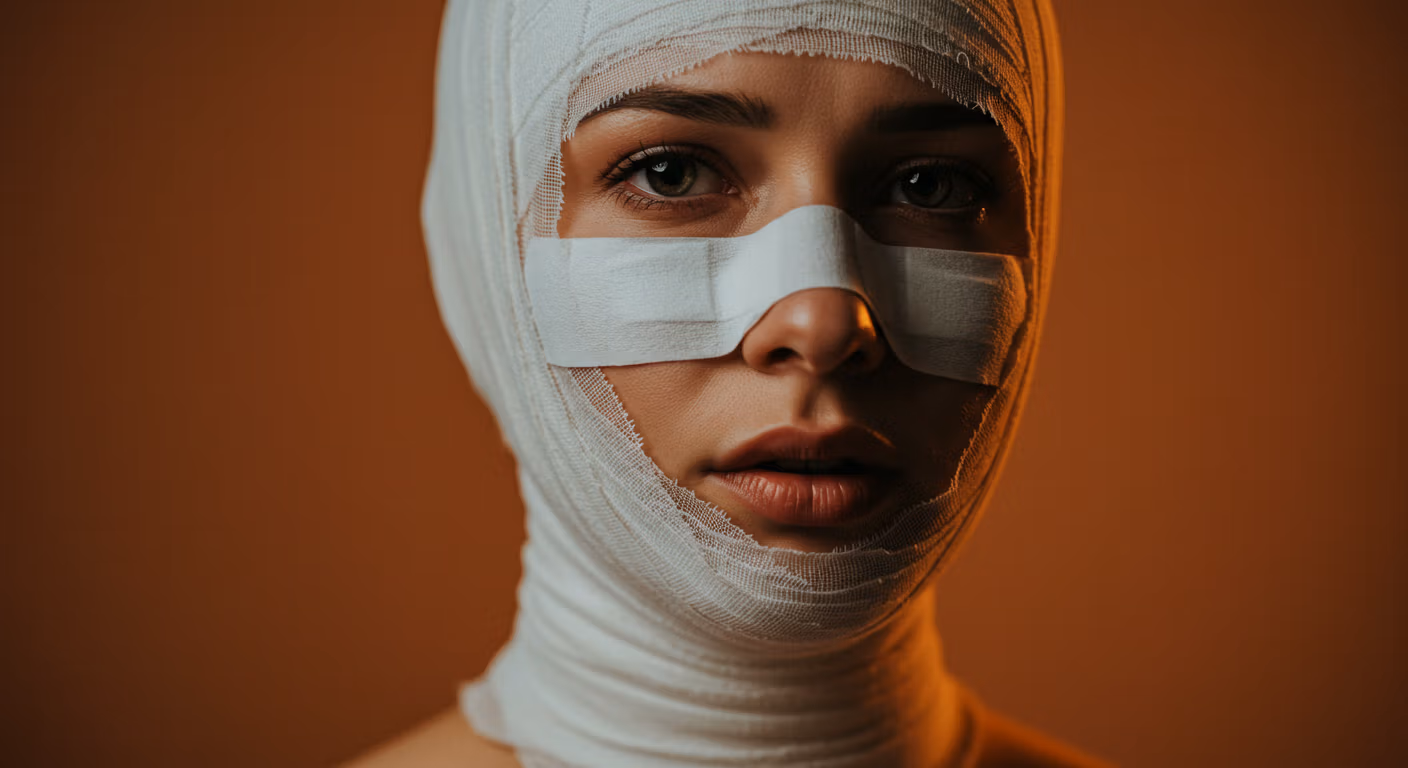 Une personne dont le visage et la tête sont enveloppés de bandages, ne laissant visibles que la bouche et la mâchoire inférieure.