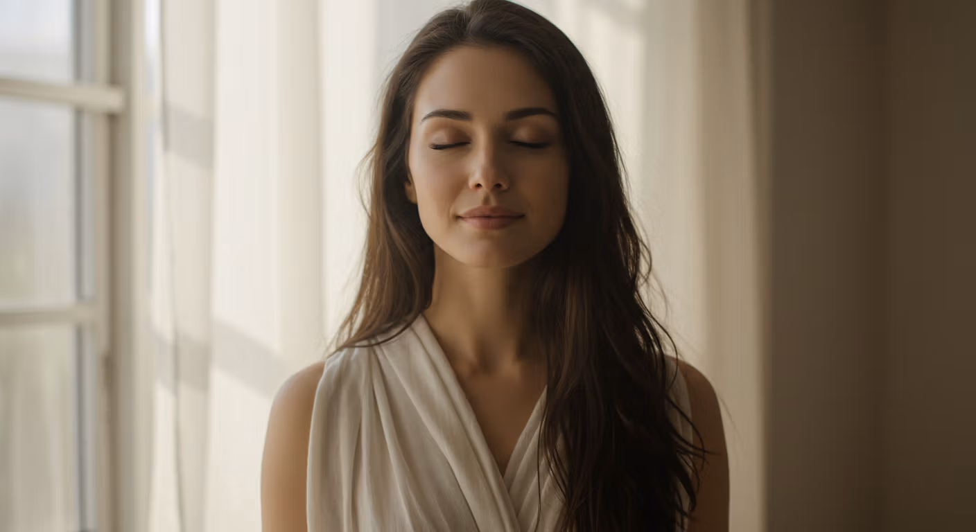 Une femme aux longs cheveux noirs se tient près d'une fenêtre, les yeux fermés, comme en pleine méditation. Elle porte un haut clair sans manches.
