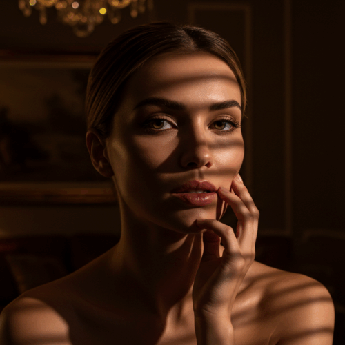 Una mujer con expresión pensativa, con la mano apoyada en la barbilla, sentada en una habitación poco iluminada con una decoración clásica, que incluye una lámpara de araña y un cuadro en la pared.