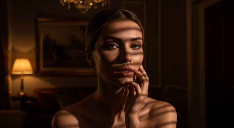 Une femme à l'expression pensive, la main posée sur son menton, assise dans une pièce faiblement éclairée avec un décor classique, comprenant un lustre et un tableau au mur.