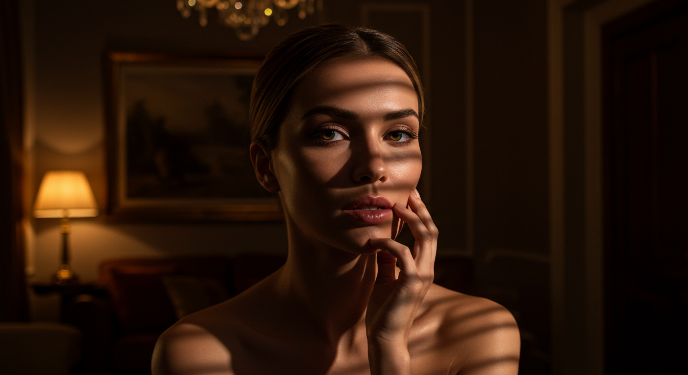 A woman with a thoughtful expression, hand resting on her chin, sitting in a dimly lit room with classical decor, including a chandelier and a painting on the wall.
