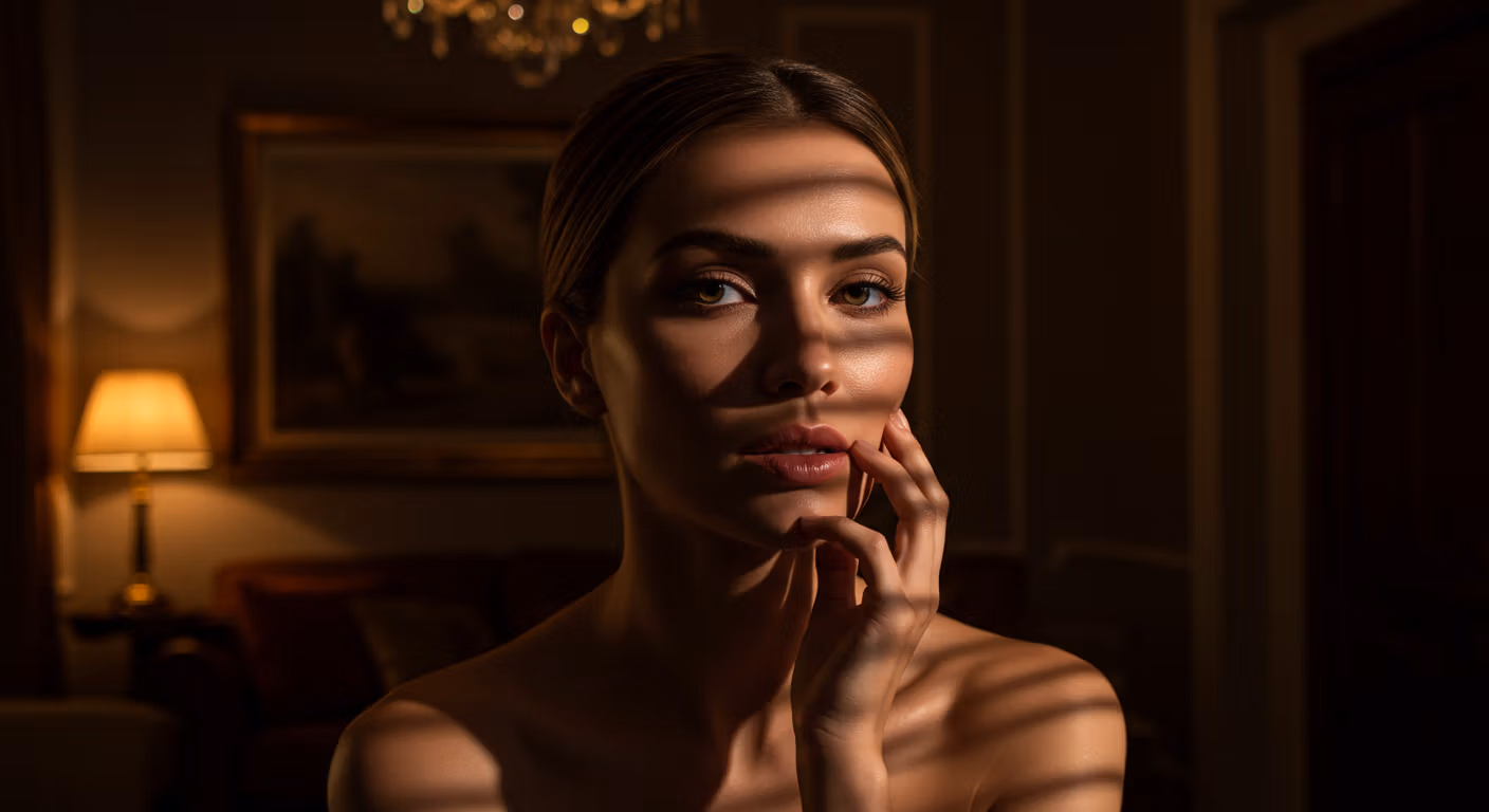 Une femme à l'expression pensive, la main posée sur son menton, assise dans une pièce faiblement éclairée avec un décor classique, comprenant un lustre et un tableau au mur.