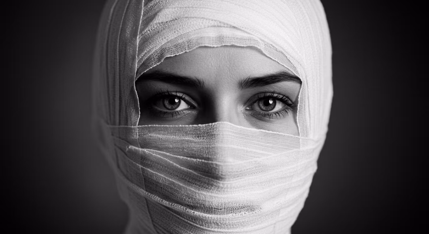 Une photographie en noir et blanc d'une femme dont le visage est enveloppé de bandages, ne laissant apparaître que ses yeux.