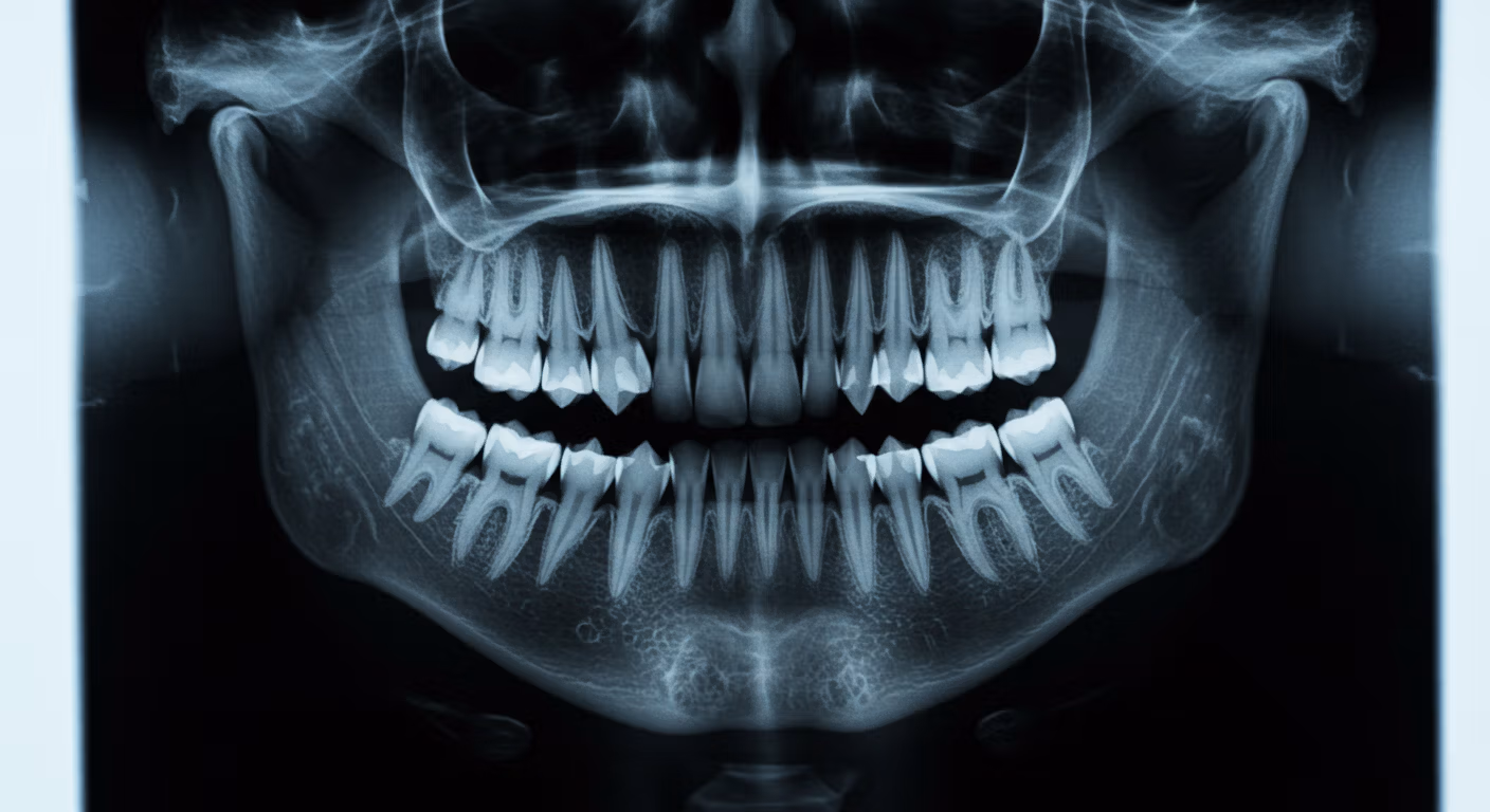 Image radiographique d'un crâne et d'une mâchoire humains, montrant en détail l'ensemble des dents.
