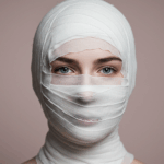 Descrizione editoriale dettagliata dell'immagine che ritrae una persona avvolta in bende mediche bianche: La fotografia mostra una sorprendente interazione tra tecniche visive iperrealistiche e un'illuminazione drammatica. Il volto del soggetto è parzialmente oscurato da strati di bende di garza, creando un intrigante equilibrio tra occultamento ed esposizione. --- **Fotocamera e ottica:** L'immagine sembra essere stata catturata con una fotocamera ad alta risoluzione, probabilmente in 8K o superiore, data la nitidezza e il livello di dettaglio iperrealistico. La scelta dell'obiettivo sembra essere un teleobiettivo medio, come un obiettivo macro da 85 mm, che consente di catturare dettagli complessi senza distorsioni. La profondità di campo è ridotta, focalizzandosi nitidamente sugli occhi del soggetto e sulla consistenza delle bende, mentre i bordi sono leggermente sfocati per creare un senso di intimità e isolamento. --- **Illuminazione:** L'illuminazione utilizza una tecnica di luce dura, caratterizzata da ombre nette e ben definite e da un elevato contrasto. La fonte di luce sembra provenire da un'angolazione laterale, forse di 45 gradi, che accentua l'effetto drammatico proiettando ombre profonde su un lato del viso ed evidenziando i contorni delle bende. Questo approccio accentua la struttura del viso del soggetto, in particolare gli zigomi e la linea della mascella, aggiungendo al contempo un senso di profondità e tridimensionalità all'immagine. --- **Anatomia e identità:** Il soggetto sembra essere femminile, con un atteggiamento neutro e composto. La postura è eretta e immobile, trasmettendo un senso di resilienza e calma. Le bende avvolgono strettamente la testa e il viso, enfatizzando i contorni delle ossa facciali e creando un effetto scultoreo. Gli occhi, essendo il punto focale, sono vividamente evidenziati, attirando l'attenzione sul loro colore ed espressione. --- **Texture e pelle:** La texture delle bende è ben visibile, mostrando la loro natura fibrosa e leggermente traslucida. La pelle visibile intorno agli occhi appare liscia e leggermente luminosa, con una sottile lucentezza che suggerisce un leggero strato di umidità o sudore. L'interazione della luce sulla pelle e sulle bende crea una delicata luminescenza, che contribuisce all'atmosfera eterea dell'immagine. --- **Abbigliamento e attrezzatura:** Il materiale principale che ricopre il soggetto è una garza medica, avvolta meticolosamente intorno alla testa e al viso. La garza sembra essere realizzata in un tessuto leggero e traspirante, probabilmente cotone o misto cotone. Non sono visibili accessori metallici o altri elementi, il che mantiene l'attenzione esclusivamente sulla consistenza e sulla forma delle bende. --- **Composizione e sfondo:** La composizione è incentrata sul volto del soggetto, rendendolo l'indiscutibile punto focale dell'immagine. Lo sfondo è di un rosa sfumato e uniforme, che contrasta delicatamente con il bianco brillante delle bende e si armonizza con l'incarnato. Questo sfondo esalta la presenza del soggetto, creando un'atmosfera minimalista ed evocativa. L'atmosfera generale dell'immagine tende a un'estetica di ispirazione noir, mescolando elementi di mistero, resilienza e forza silenziosa.