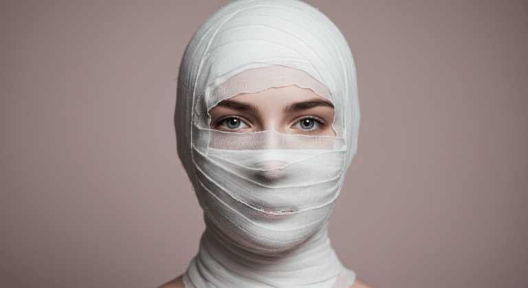 Une personne dont le visage et le cou sont enveloppés de bandages, seuls ses yeux sont visibles.